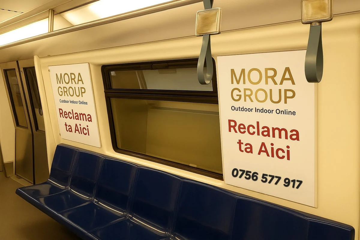 Lightbox-uri publicitare verticale pe peron statie metrou Bucuresti — calatori in asteptare, audienta captiva