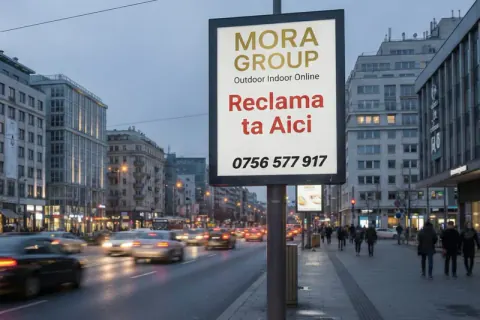 Panou city light iluminat pe trotuar Bucuresti — vitrina publicitara pieton Mora Group