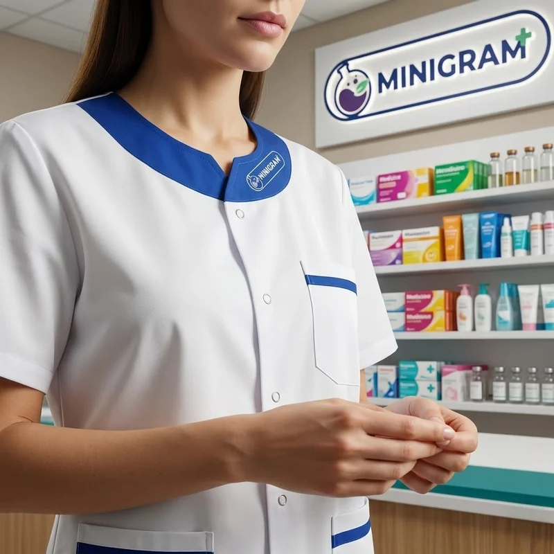 Halat medical alb cu guler si accente bleumarin purtat in cadru farmacie — mockup vizual proiect productie uniforme Mora Group pentru lant farmacie cu logo brodat pe piept