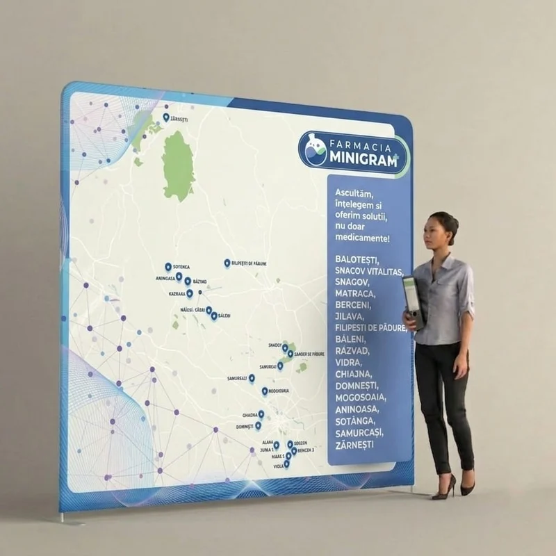Perete zippit publicitar textil drept de 2,5 m cu cadru aluminiu si print full color, prezentat in mockup ambient cu o persoana alaturi pentru scara — sistem expozitional produs de Mora Group pentru un client din reteaua de farmacii