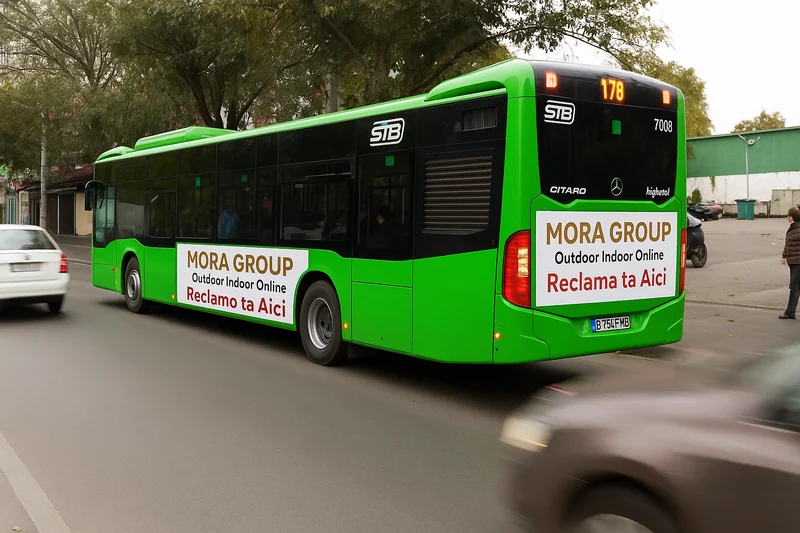 Autobuz brandat integral cu publicitate exterioara pe strazile Bucurestiului, vizibil pietonal si din alte vehicule