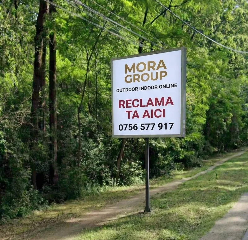 Panou publicitar Mora Group format standard 3,20 x 2,40 m in Corbeanca, Ilfov — billboard alb cu logo gold si text Reclama ta Aici 0756 577 917, amplasat pe drum de acces catre ansamblurile rezidentiale