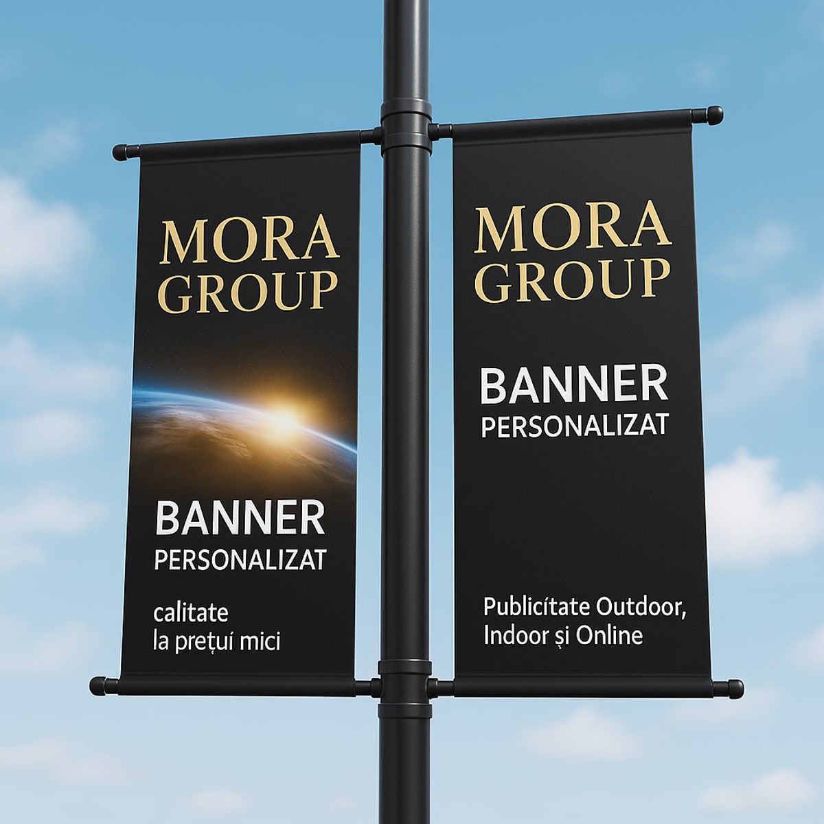 Productie banner personalizat Mora Group — 2 steaguri publicitare pe stalp cu logo Mora Group si mesaj Banner personalizat calitate la pret mic Publicitate Outdoor Indoor Online