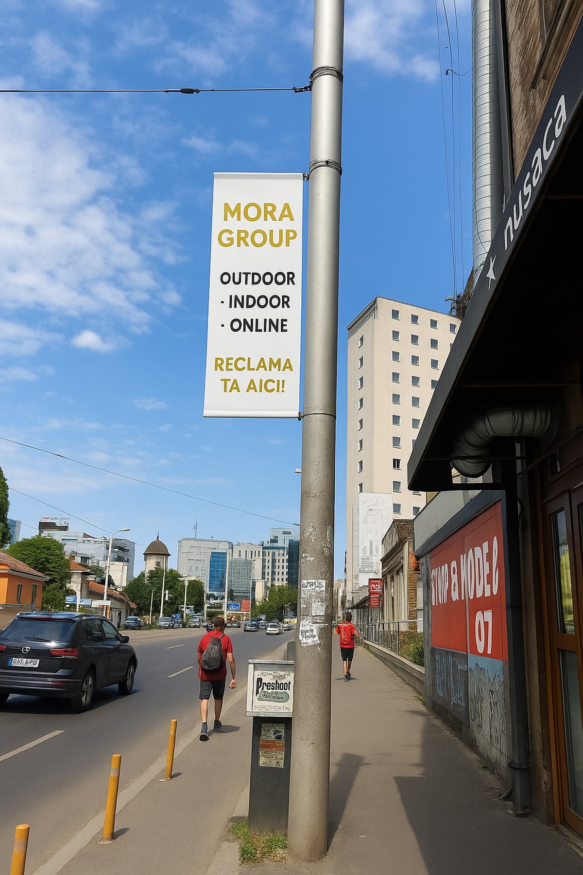 Steag publicitar Mora Group pe stalp metalic pe artera urbana Bucuresti — vizibilitate maxima pentru pietoni si trafic auto, zona retail comerciala