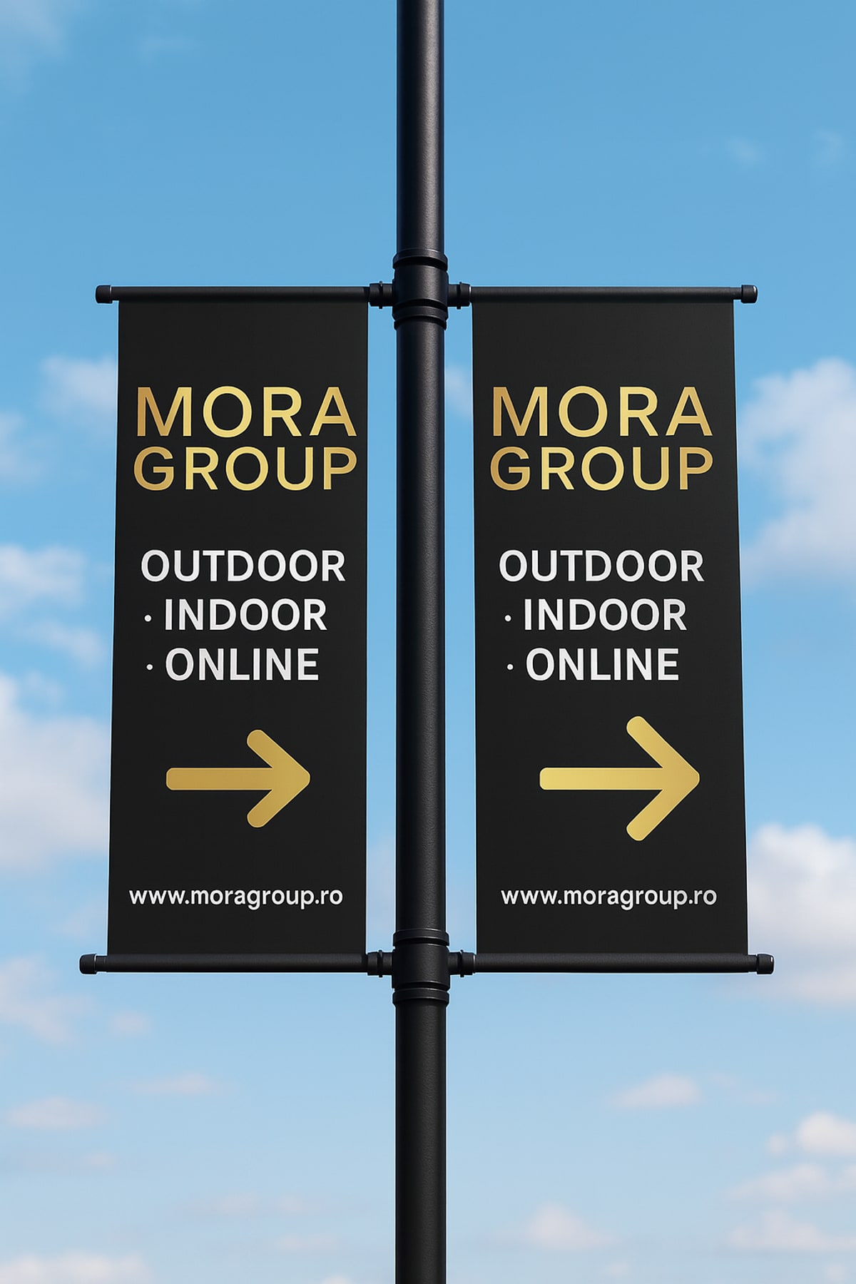 Steaguri publicitare Mora Group expunere dubla pe stalp iluminat — format vertical 2m × 0,8m, design dark navy cu gold pentru servicii outdoor, indoor si online