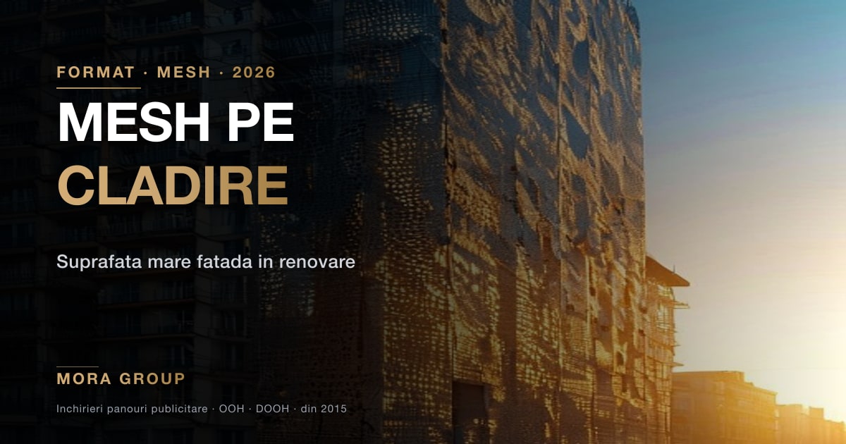 Banner mesh publicitar de mari dimensiuni acoperind o fatada de cladire moderna in Bucuresti, format XXL pentru renovare sau campanie brand