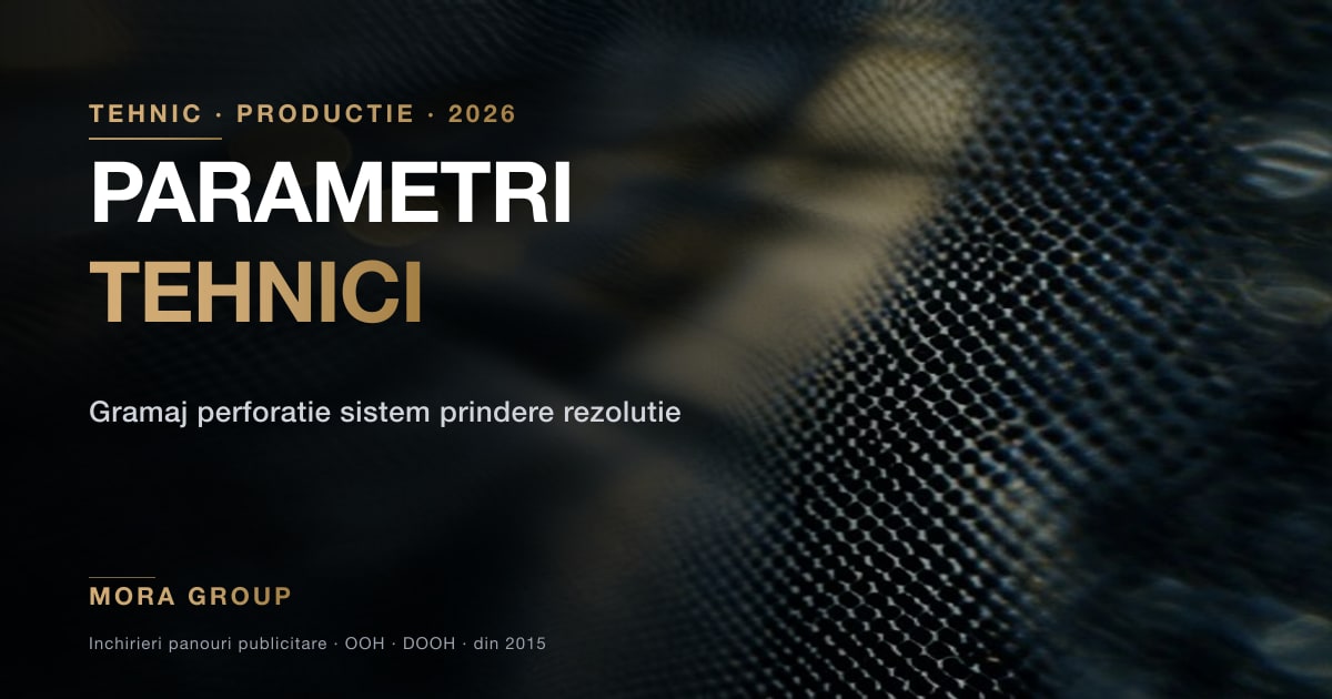 Detaliu tehnic mesh perforat publicitar cu structura de fixare pe schela cladire, parametri tehnici instalare exterior