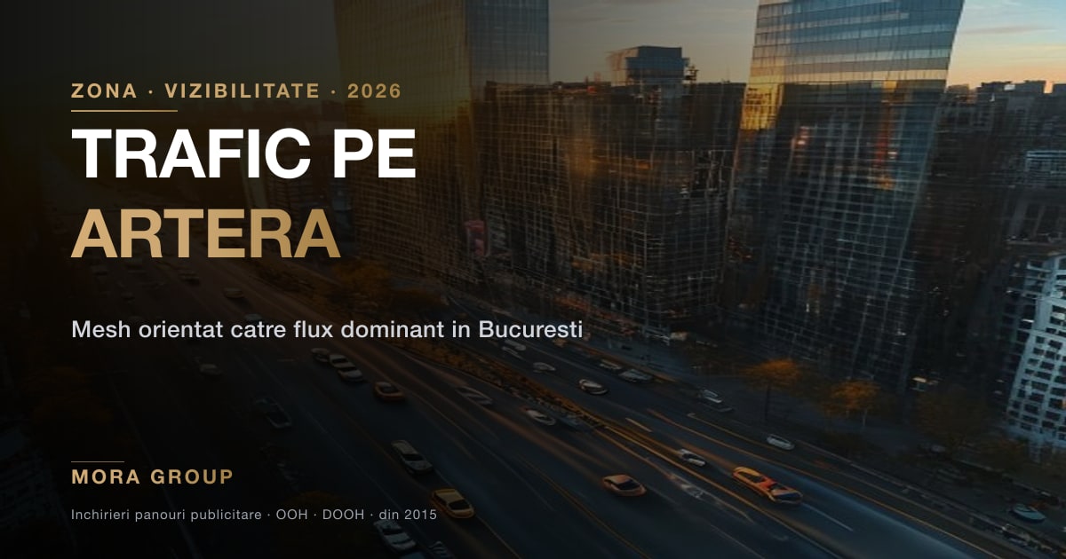 Banner mesh pe fatada vizibil de la distanta mare de pe artera de circulatie urbana Bucuresti, audienta auto si pietonala targetata