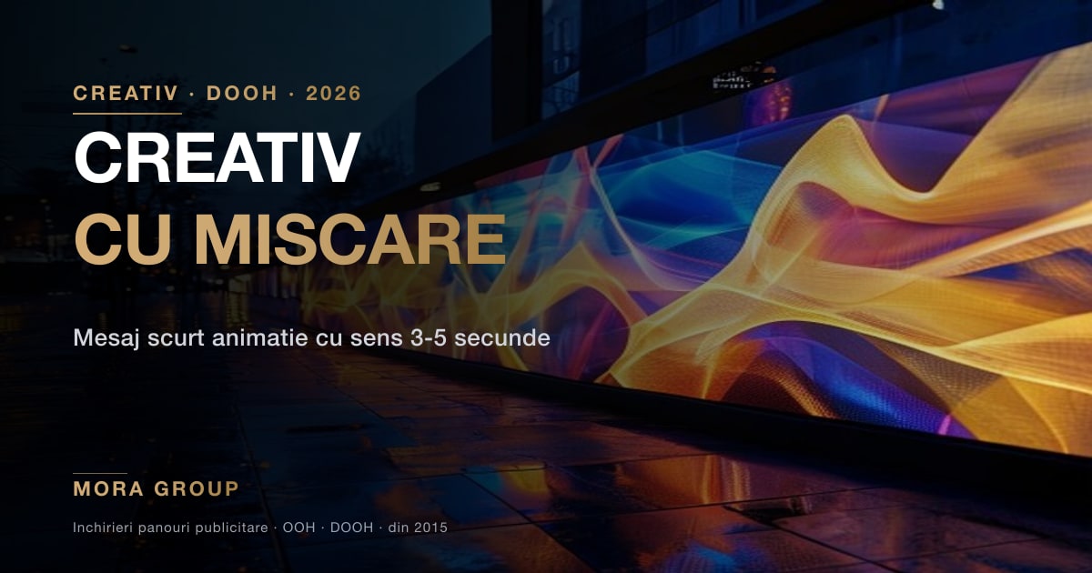 Ecran LED outdoor afisand forme geometrice dinamice colorate care curg pe display — creativ DOOH cu miscare cu sens 3-5 secunde