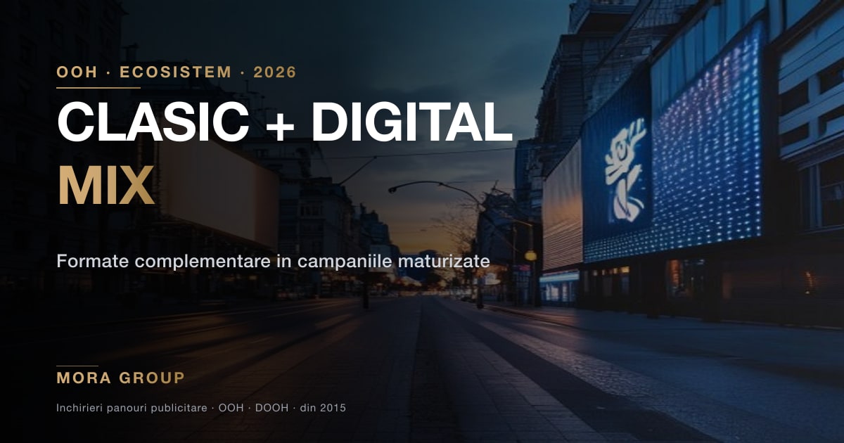 Billboard backlit static clasic alaturi de ecran LED digital pe aceeasi strada din Bucuresti la apus — coexistenta formate OOH 2026